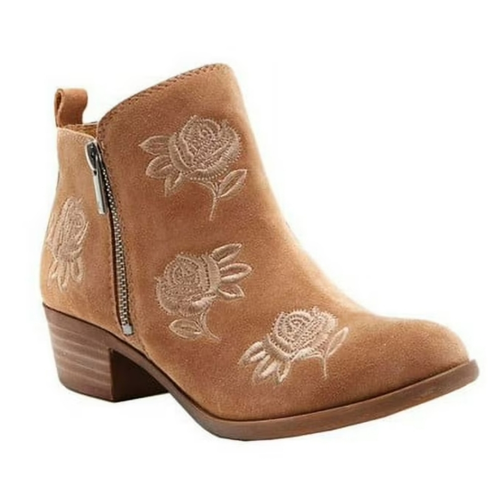 Lucky Brand Basel Tan Embroidered Rose Zip Up Ankle Bootie